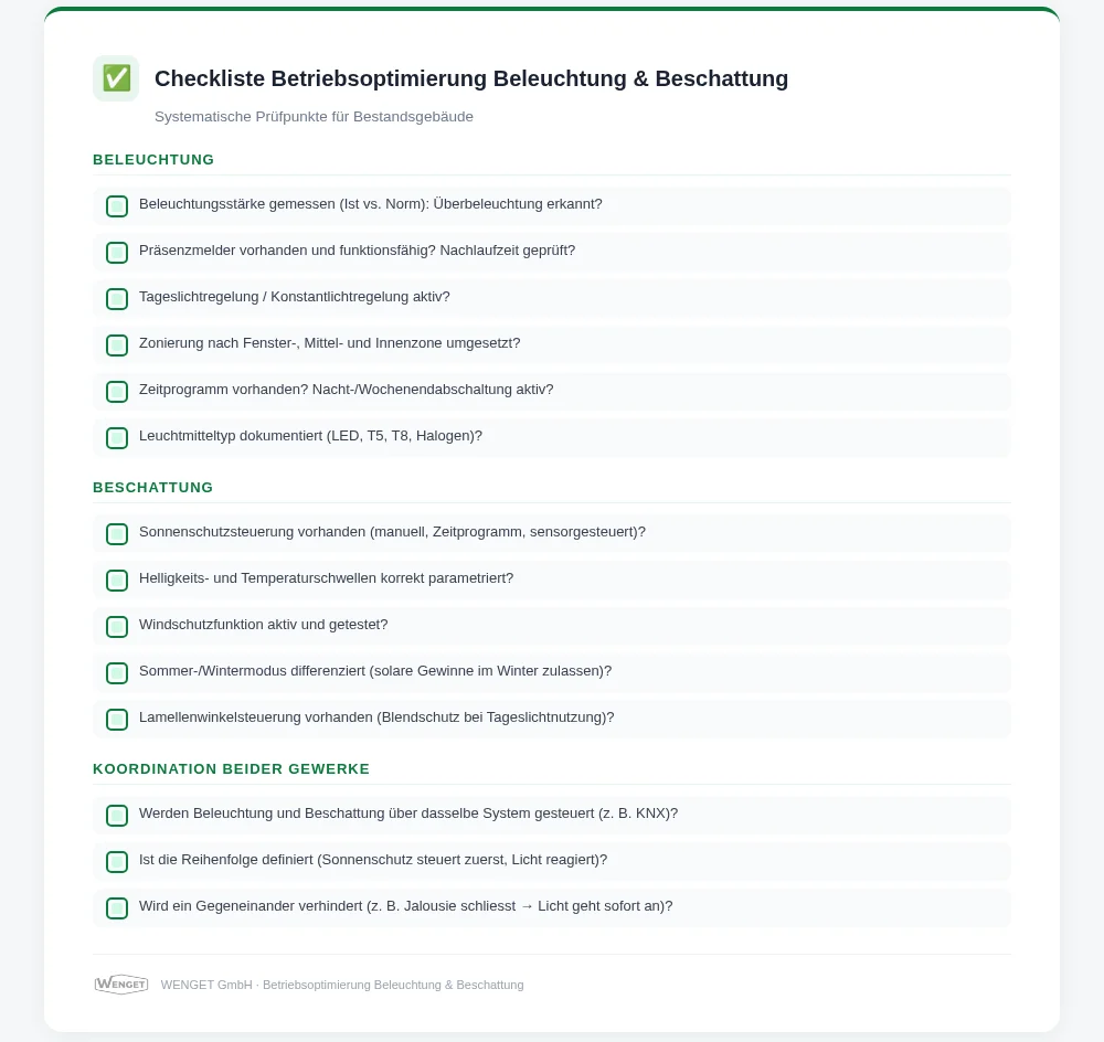 Checkliste Betriebsoptimierung Beleuchtung & Beschattung