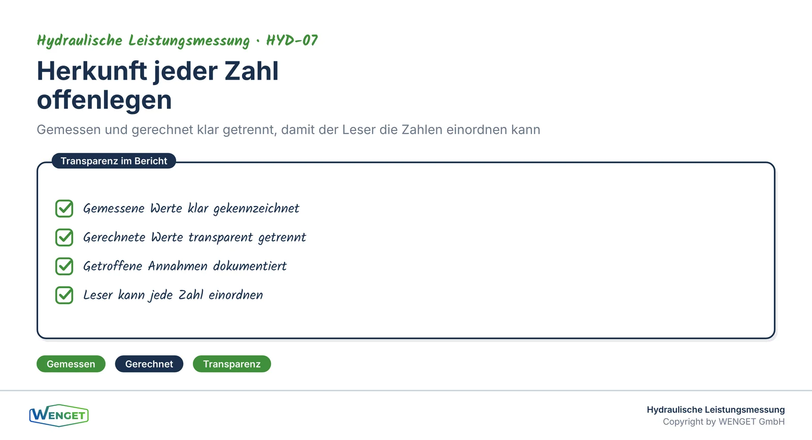 Herkunft jeder Zahl offenlegen: gemessen und gerechnet klar getrennt