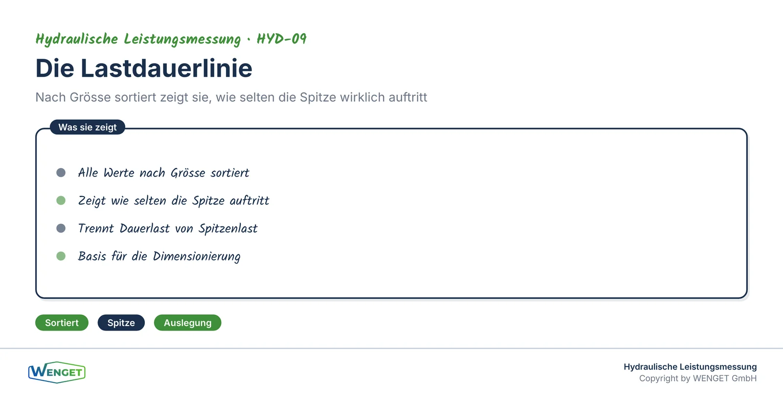 Die Lastdauerlinie: nach Grösse sortiert zeigt sie, wie selten die Spitze wirklich auftritt