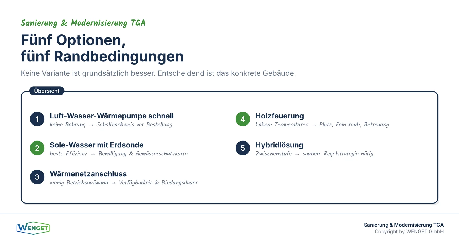 Die fünf Optionen und ihre entscheidenden Randbedingungen.