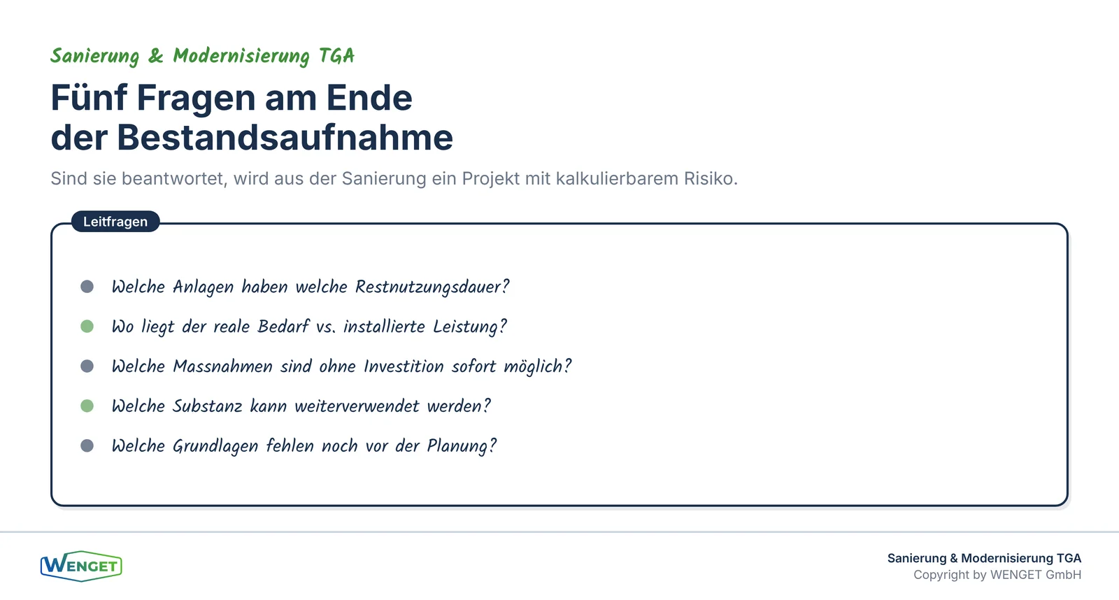 Fünf Fragen, die am Ende der Bestandsaufnahme beantwortet sind.